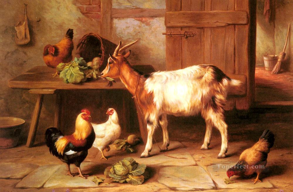 Goat And Chickens Feeding In A Cottage Interior farm animals Edgar Hunt Oil Paintings